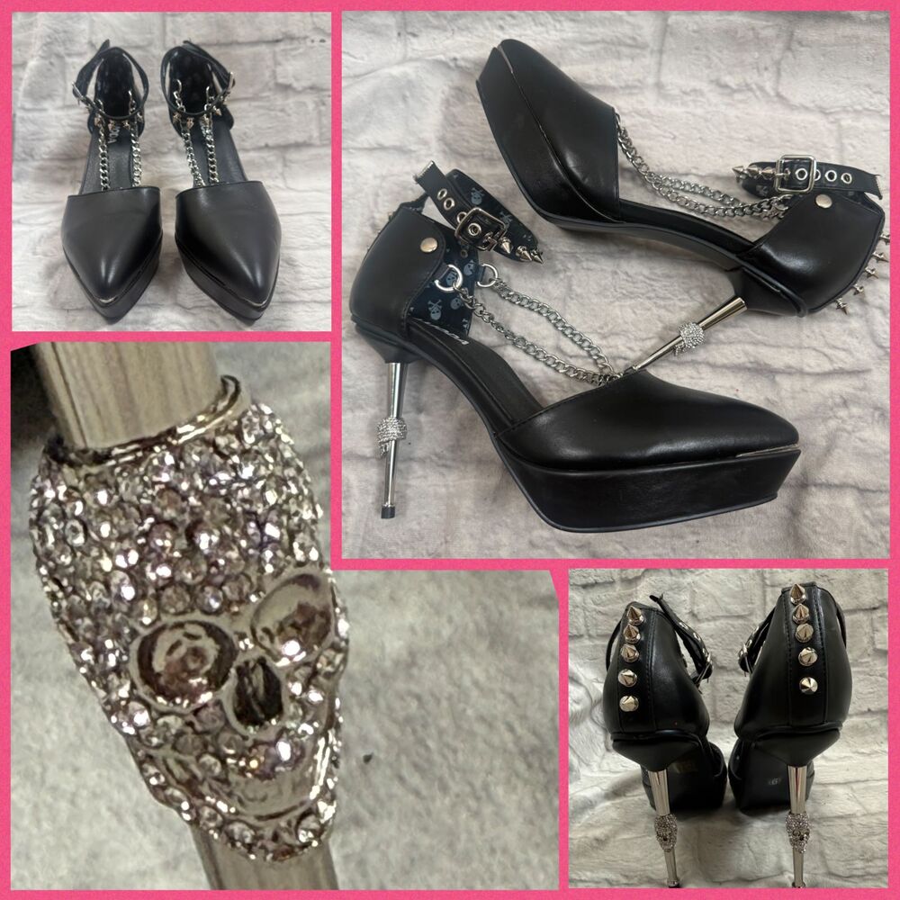 Lamoda Chain Skulls & Spikes Stiletto 4 inch Heels Women's 9M Goth Alt